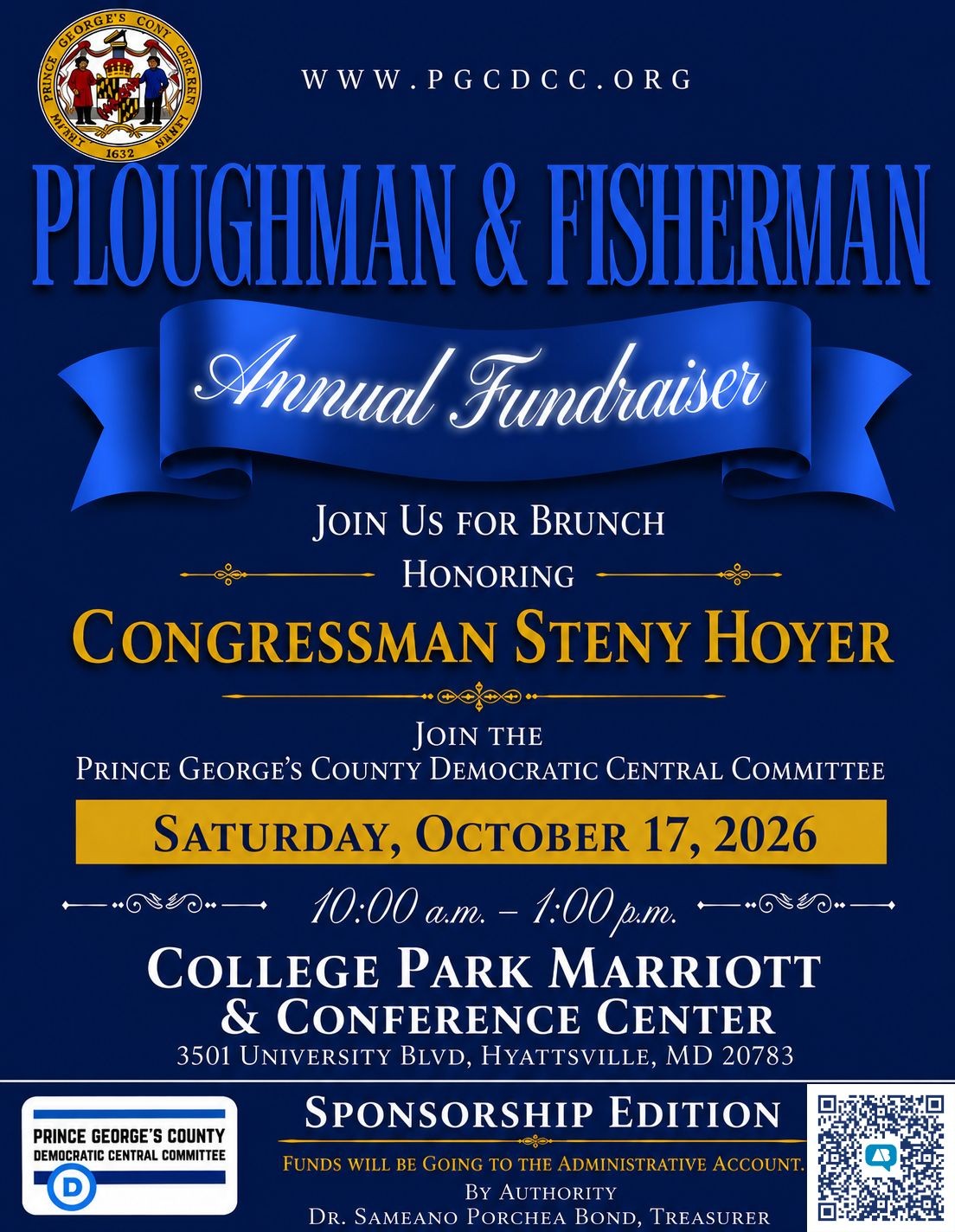 Ploughman and Fisherman Annual Fundraiser honoring Congressman Steny Hoyer, Saturday, October 17, 2026, at the College Park Marriott and Conference Center